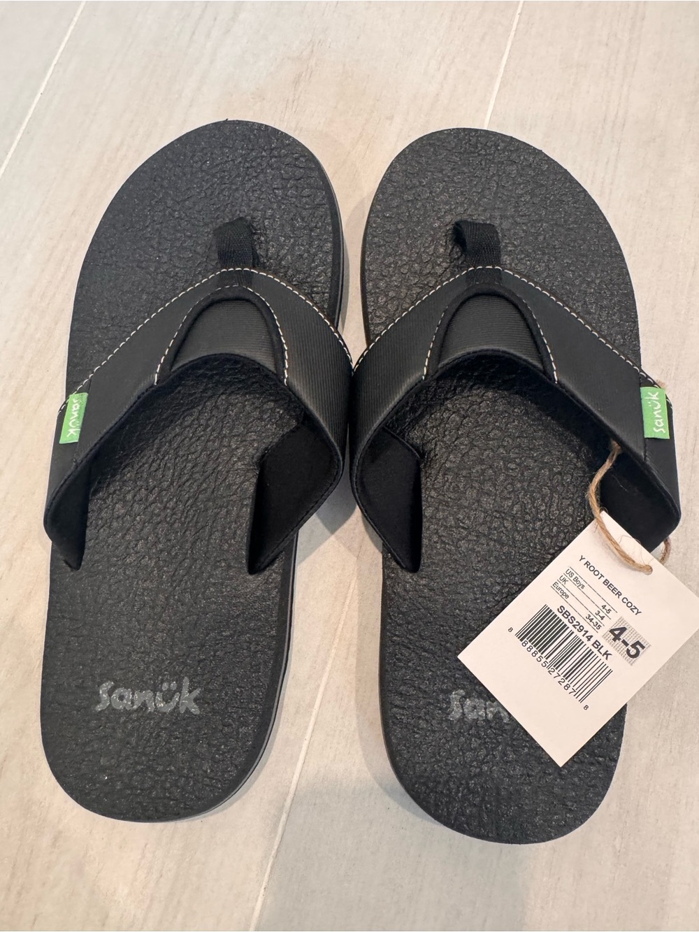Sanuk Kids Black Flip Flops with Green Logo Tabs